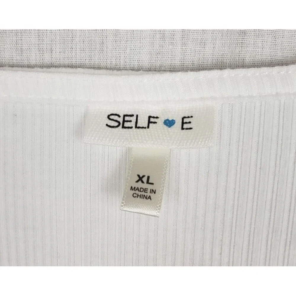SELF E‎ Bodysuit XL White Ribbed Lace Trim Neckline Long Sleeve Casual Summer